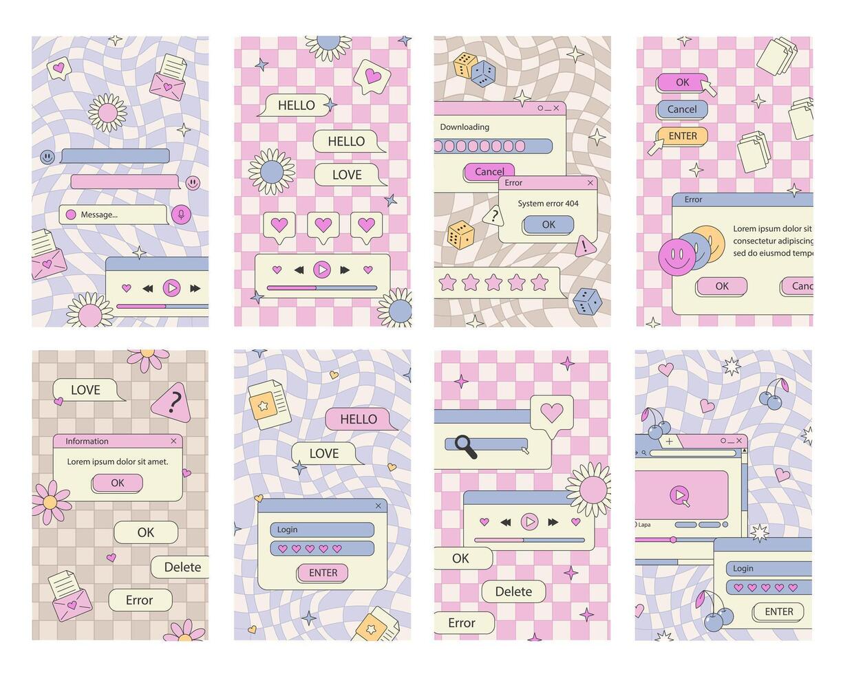 Cute nostalgic 90s retro vaporwave post and story template. Social media stories and posts with old computer aesthetic ui elements set. Illustration of retro groovy abstract interface. vector