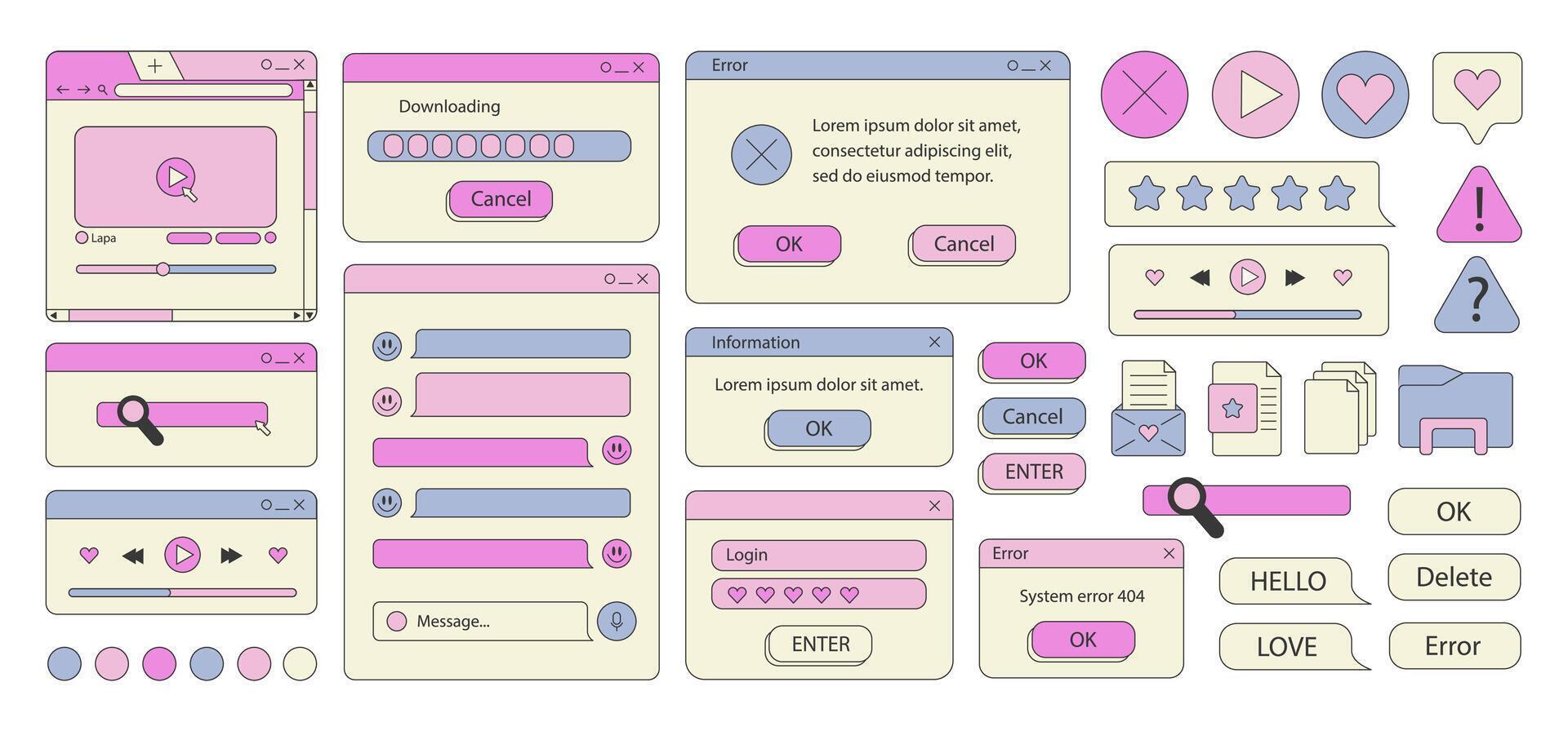 Big set of retro vaporwave desktop browser and dialog window templates. 80s 90s old computer user interface elements and vintage aesthetic icons. Nostalgic retro operating system. vector