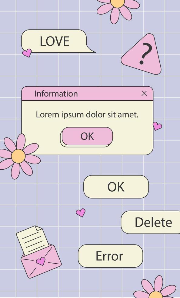 90s retro vaporwave aesthetics digital screen user interface. Cute old computer ui elements, nostalgic pc icons and dialog boxes set. Illustration of computer screen 90s vector