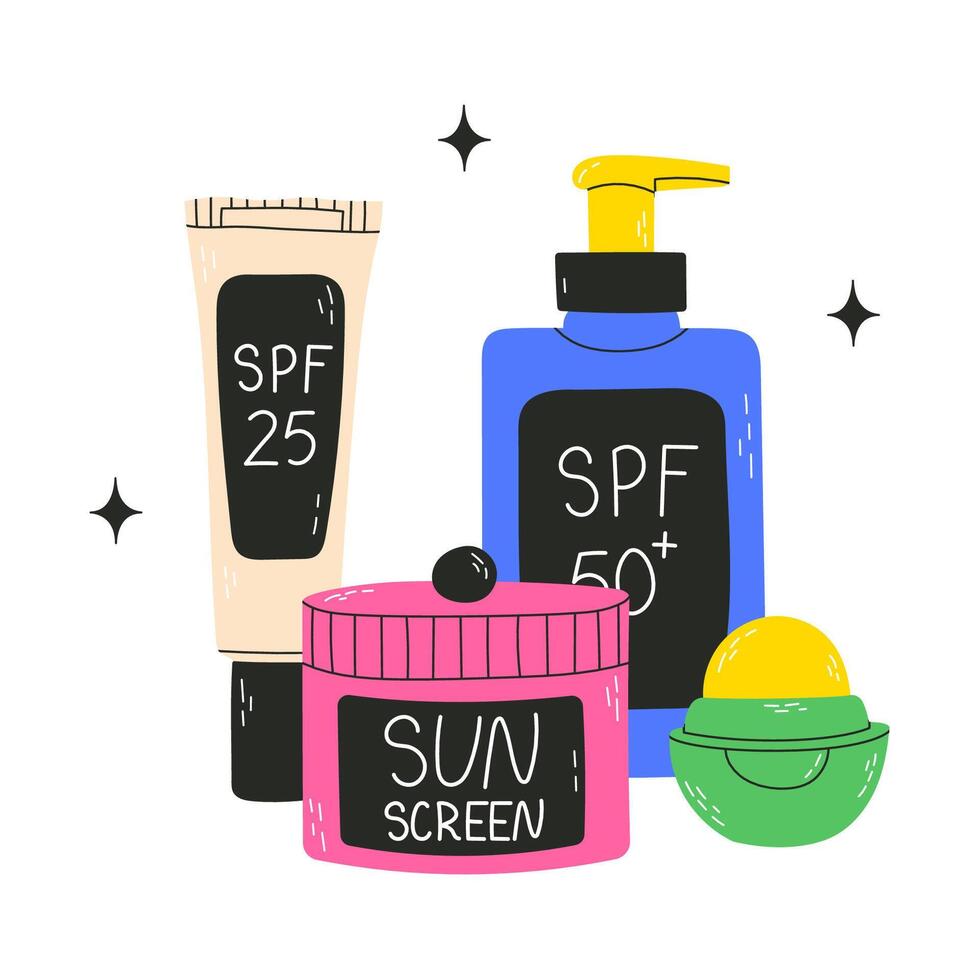 Set of sunscreens. Sunscreen protection and and UV rays blocking. SPF cream, spray, lipstick, lotion and tubes. Summer sun safety products. Hand drawn illustrations. vector