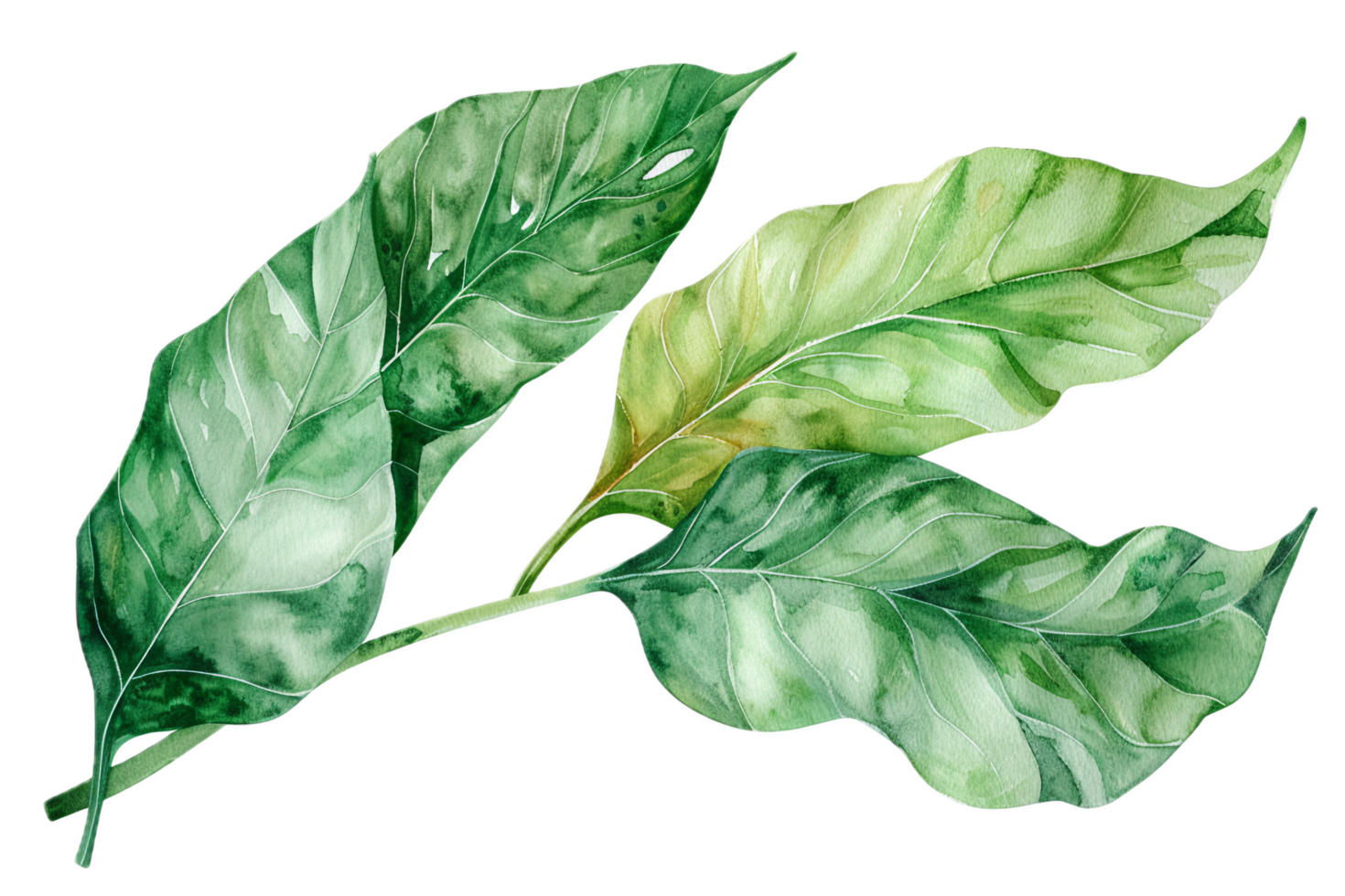 Watercolor Illustration of Various Green Leaves. png