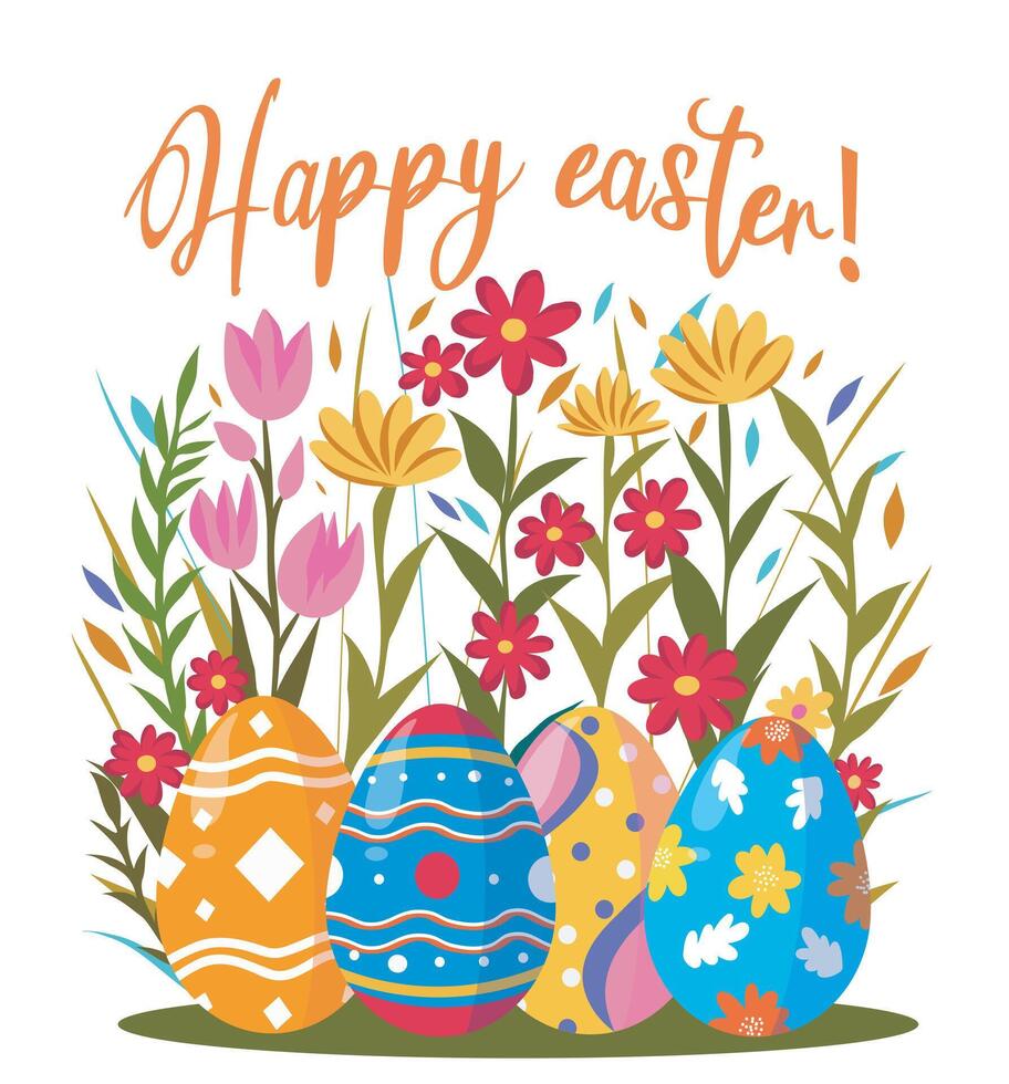 Easter card template with eggs flowers and plants, grass and flowers. Happy Easter inscription vector