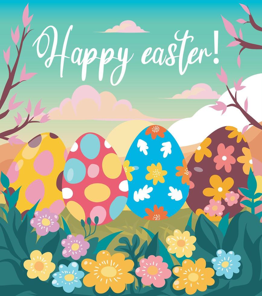 Easter card template with eggs, grass and flowers. Happy Easter inscription, calligraphy. Blue sky and clouds vector