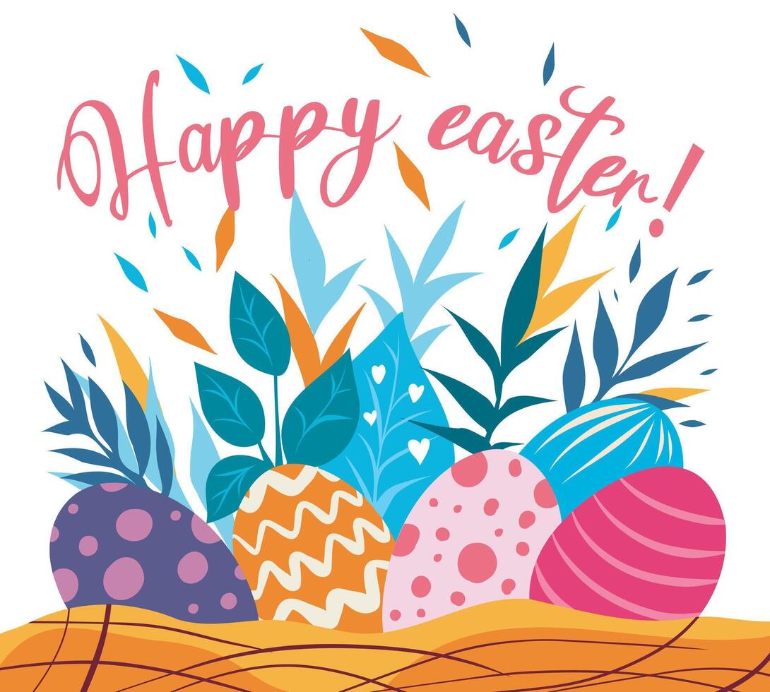 template Happy Easter greeting card 4 eggs flowers and plants, grass and flowers vector
