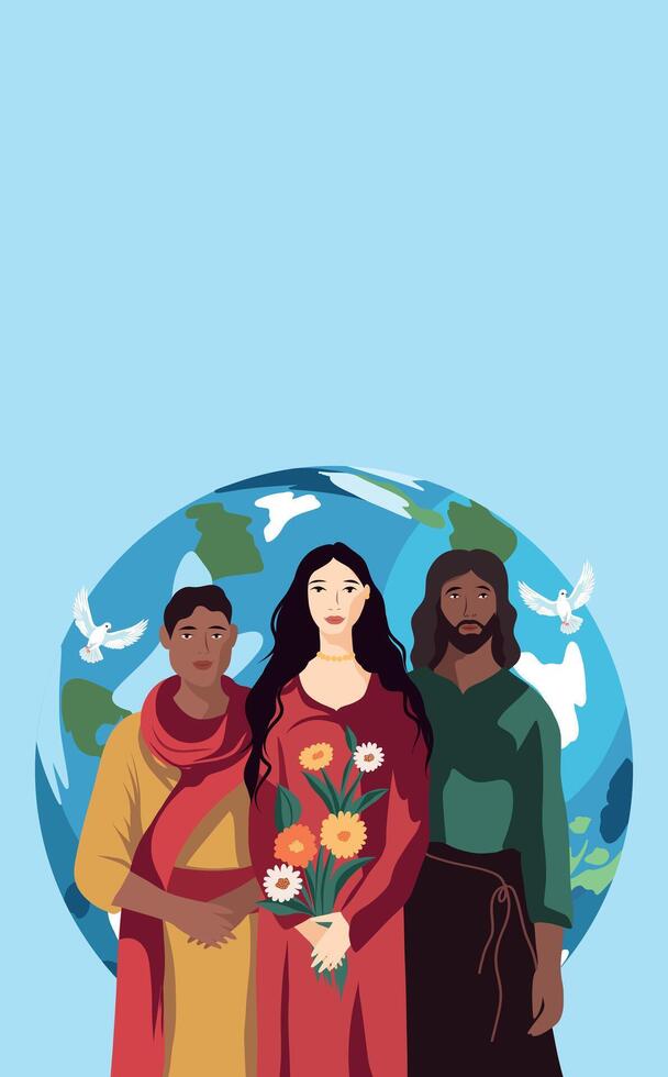 flat illustration. Vertical banner place for text people against war. Peace to the world. People of different nationalities and cultures stand together against the backdrop of the planet vector