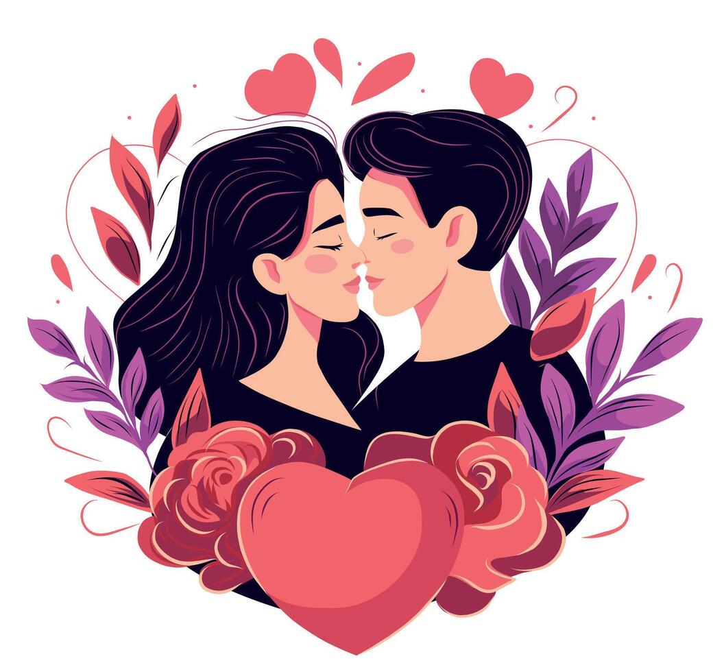 illustration of Valentine's Day, beautiful guy and girl hugging, kissing, love, hearts, on a background of flowers. Holiday concept on white background vector