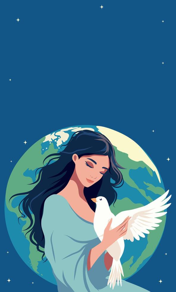 flat illustration. Vertical banner poster place for text. International Day of Peace. World peace. A girl holds a dove in her arms against the backdrop of the globe. Hands and dove of peace vector