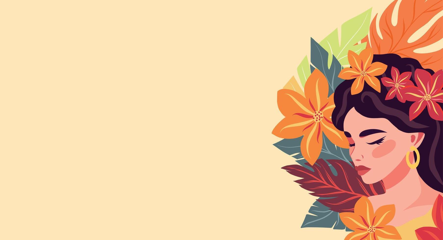 horizontal banner, place for text, beautiful girl. Background flowers and plant leaves. Postcard, poster for International Women's Day. flat illustration on soft pastel background vector