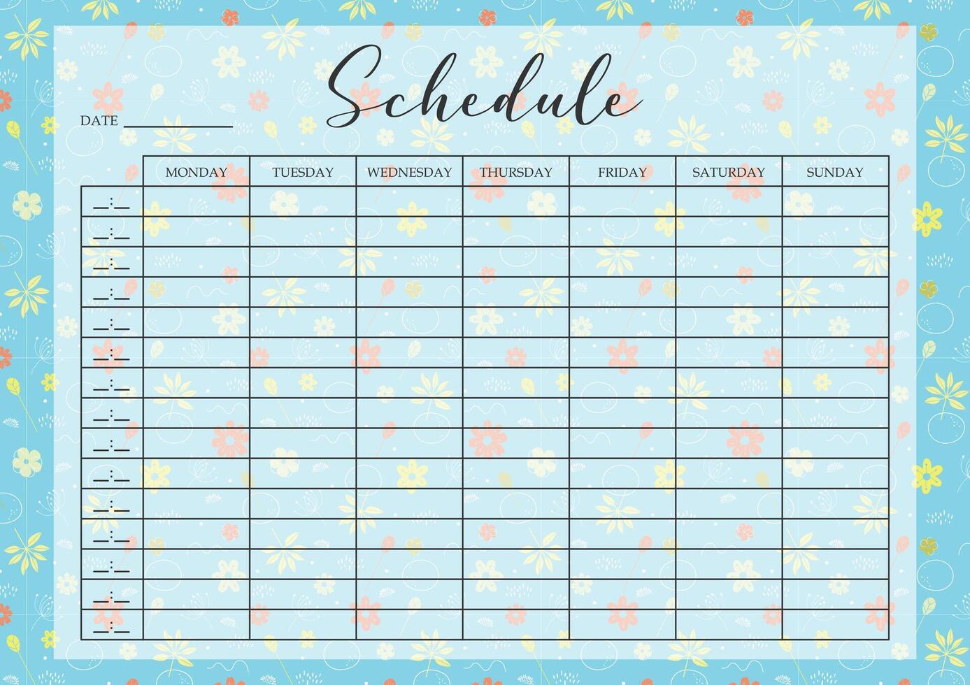 Schedule template for study with floral elements. Business organizer paper sheet for students vector