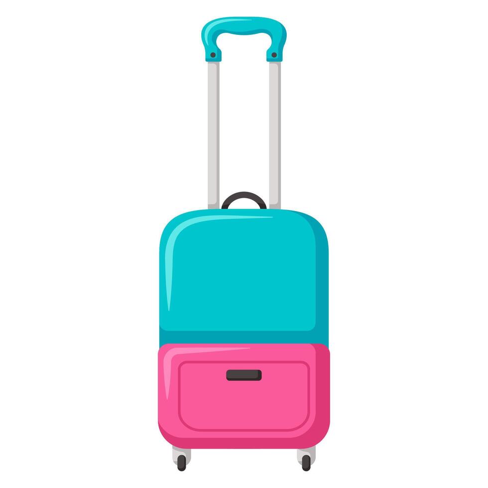 Traveling suitcase on wheels. Check in baggage. Bright flat clipart vector
