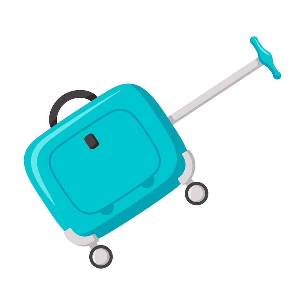 Traveling suitcase on wheels. Cabin luggage or check in baggage. Bright flat clipart vector