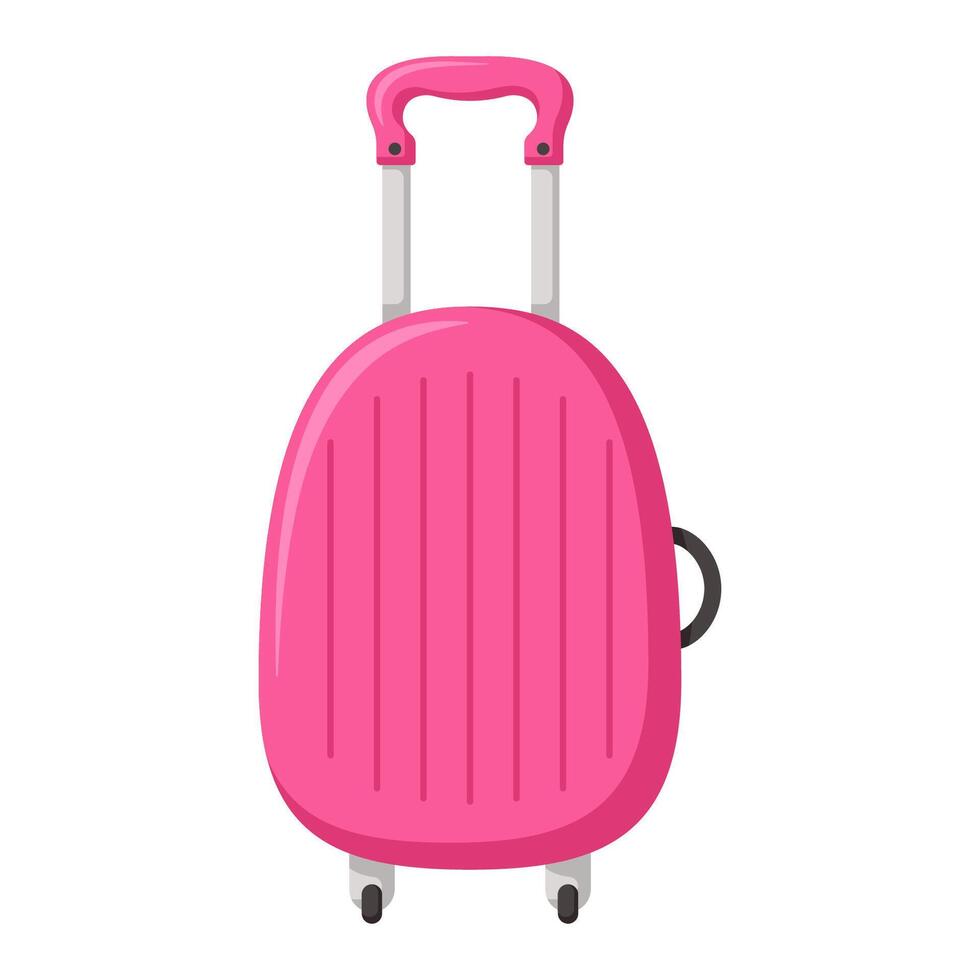 Traveling suitcase on wheels. Check in baggage. Bright flat clipart vector