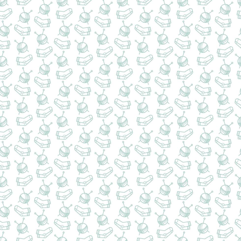 Seamless pattern with a skein of yarn, knitting needles, socks. Doodle outline illustration. vector