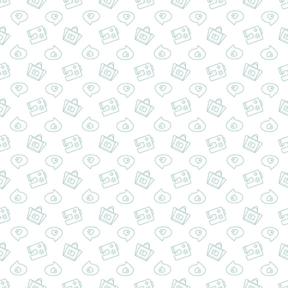 Seamless pattern with a sewing machine, bag and speech bubble. Doodle outline illustration. vector