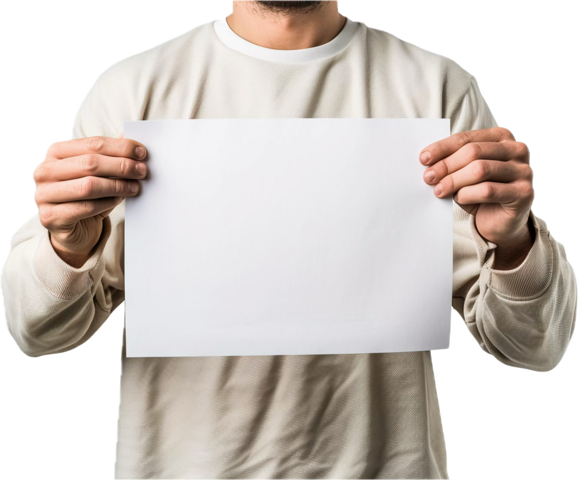 Man Holding Blank White Paper Sheet. png