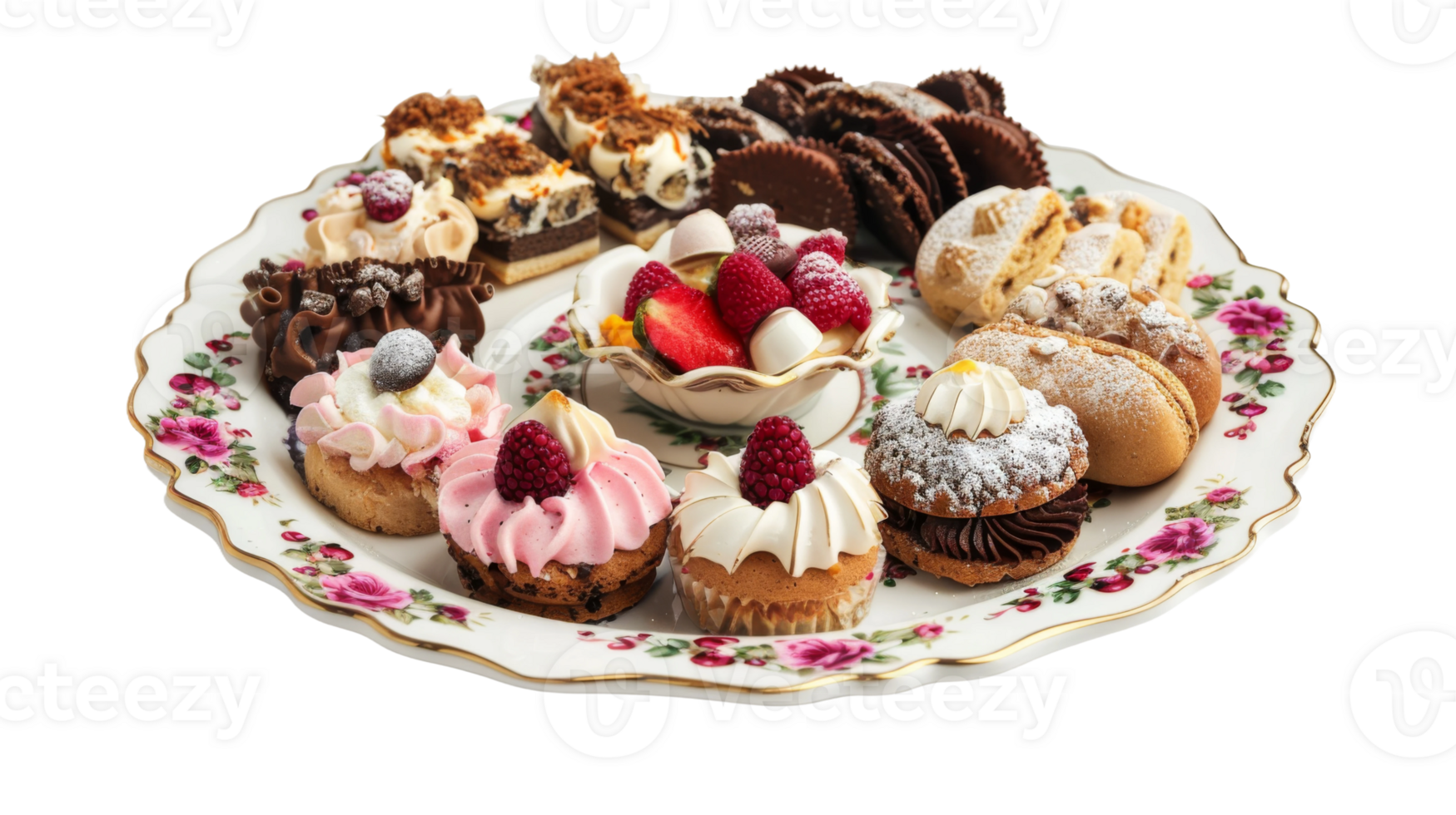 Vintage tea party dessert platter on the transparent background, Format png