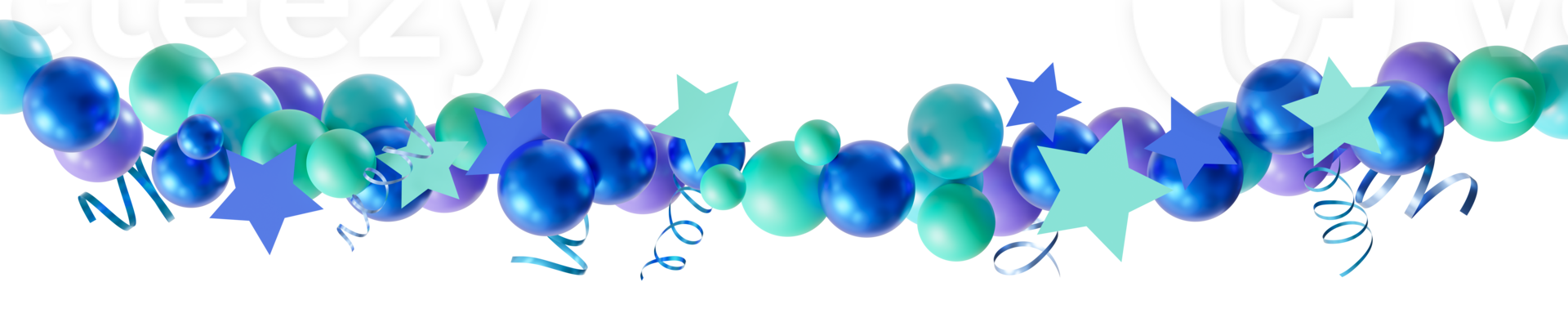 Stylish garland with blue and purple elements on transparent background. Can be used as divider, footer or header. Happy Birthday design element. Festoon. It s a boy, gender party. 3D render png