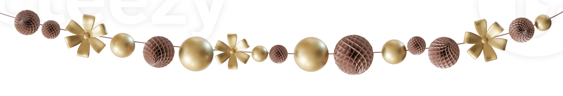Elegant garland with brown and golden elements, flowers on transparent background. Can be used as divider, footer or header. Party, Happy Birthday, Wedding design element. Festoon. 3D rendering. png
