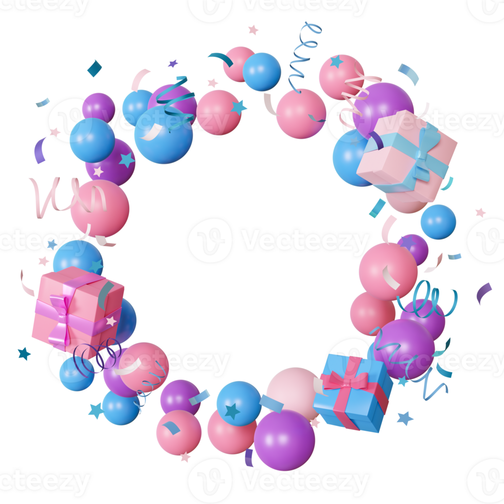 Pastel colored round frame made of colorful balloons, presents, ribbons, confetti, on transparent background. Ideal for kids birthday cards, children party invitations. Copy space in the middle. 3D png
