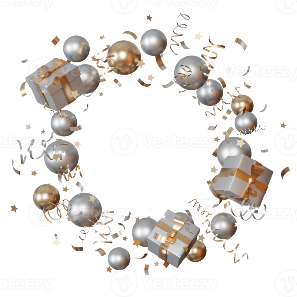 Gold and silver balloons with confetti, stars, presents. Round festive frame, copy space in the middle. Circle with balloons, on transparent background. Birthday, New Year, Christmas, Party. 3D. png