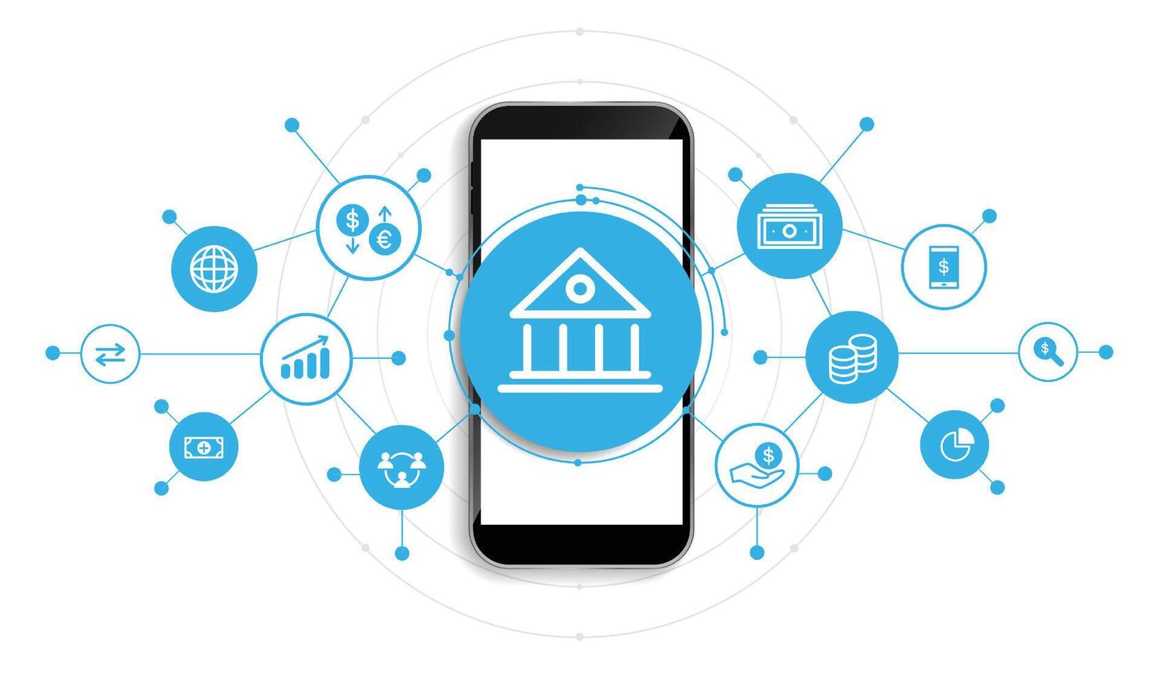 Banking and Finance by mobile phone concept. digital connect system. Financial and Banking technology with integrated circles, glowing line icons and on blue background. design. vector