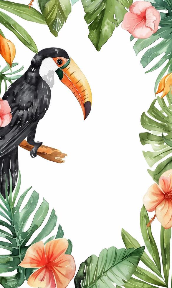 Tropical plants background. Watercolor frame with toucan. Exotic summertime background. vector