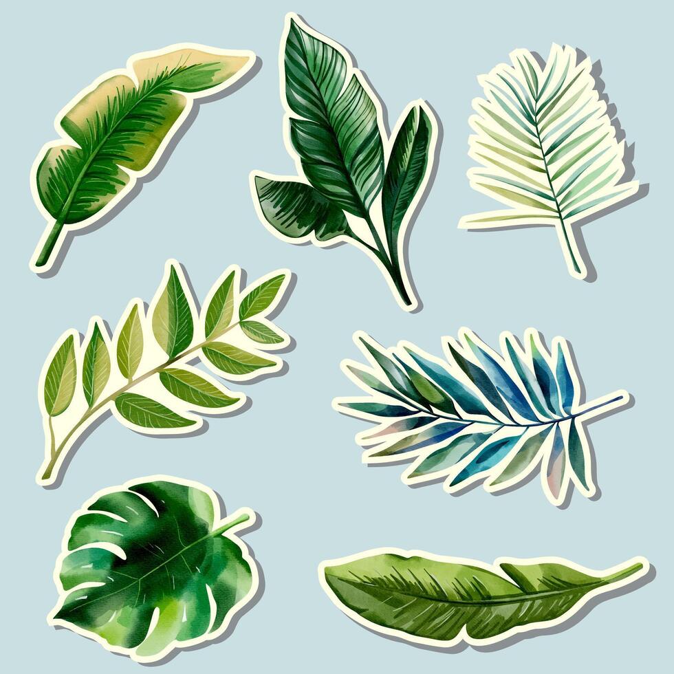 Watercolor tropical leaves stickers. Set of exotic leaves. Hand drawn floral stickers. Palm leaves. vector