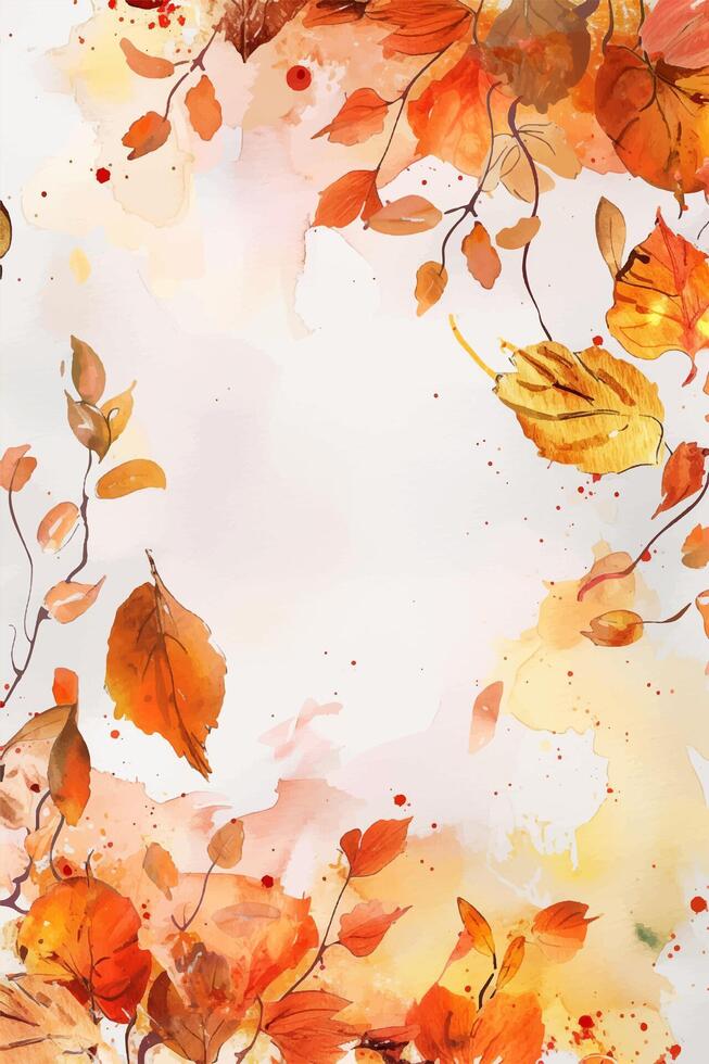 Fall season frame. Autumnal background with watercolor leaves and branches. Greeting card or invitation vector