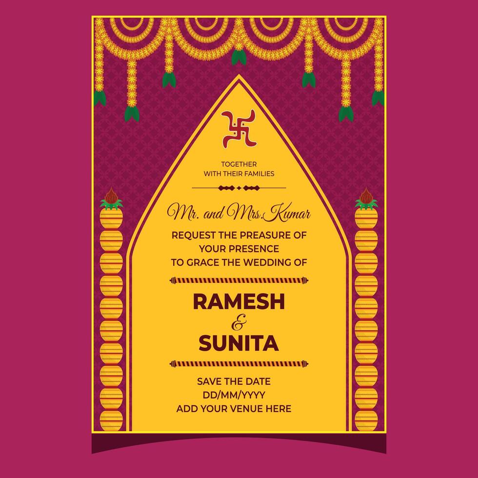 Indian Wedding Invitation Card With Event Details In Pink And Yellow Color vector