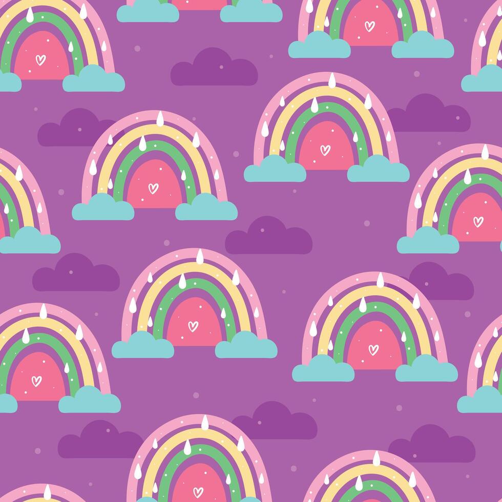 cute seamless pattern cartoon boho rainbow and sky element in purple background vector