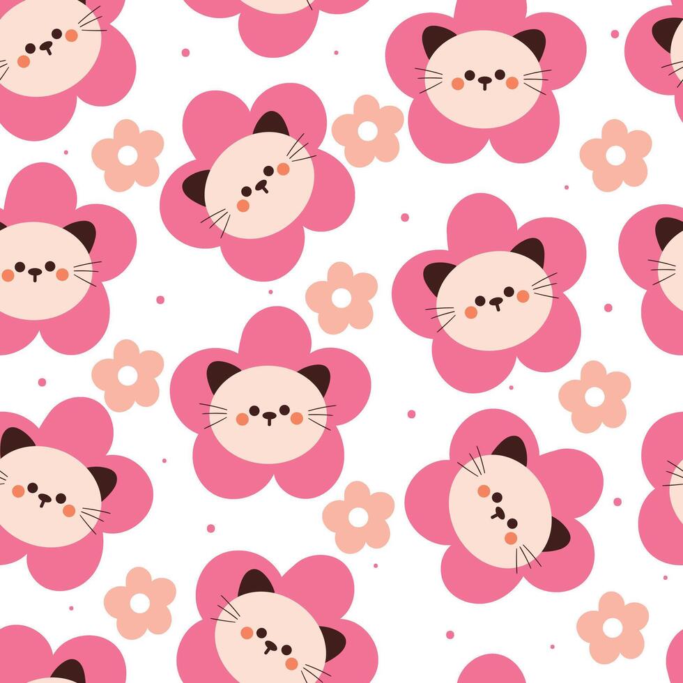 seamless pattern cartoon cat and flower. cute animal wallpaper for textile, gift wrap paper vector