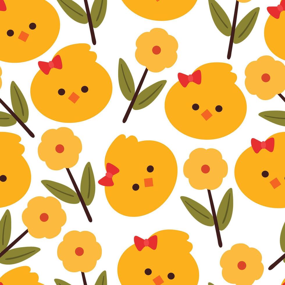 seamless pattern cute chick with flower and leaves. cute animal wallpaper for textile, gift wrap paper vector