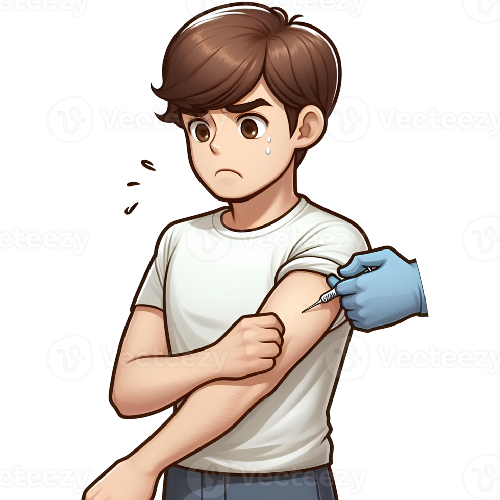 a boy in cartoon style wearing a white t-shirt is scared while being vaccinated png