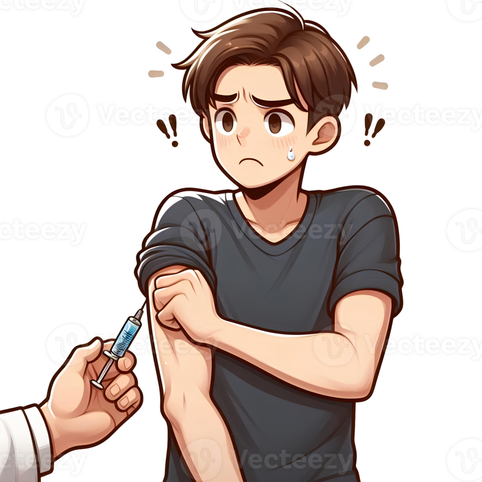 a boy in cartoon character with afraid expression with syringe png