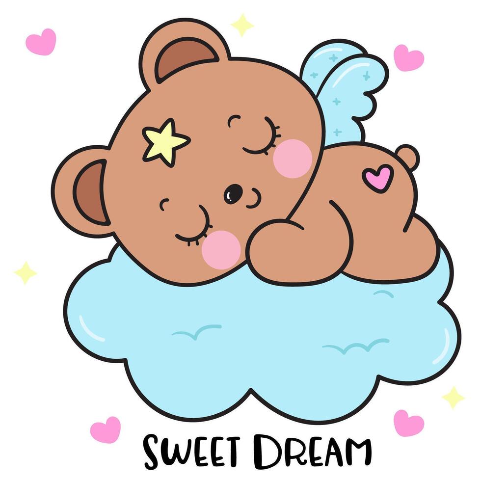 Cute teddy bear sleep on cloud kawaii animal bedtime story vector