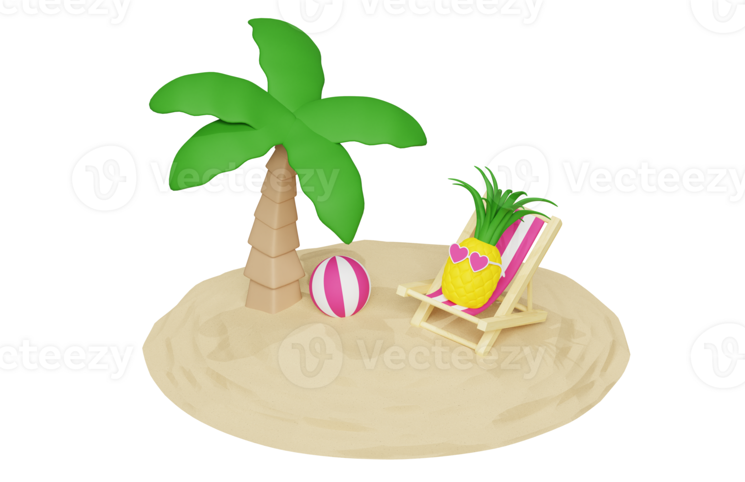 Beach island with palm tree and cartoon cute pineapple character lying in the sunbed. Summer vacation concept. 3D rendered icon isolated png