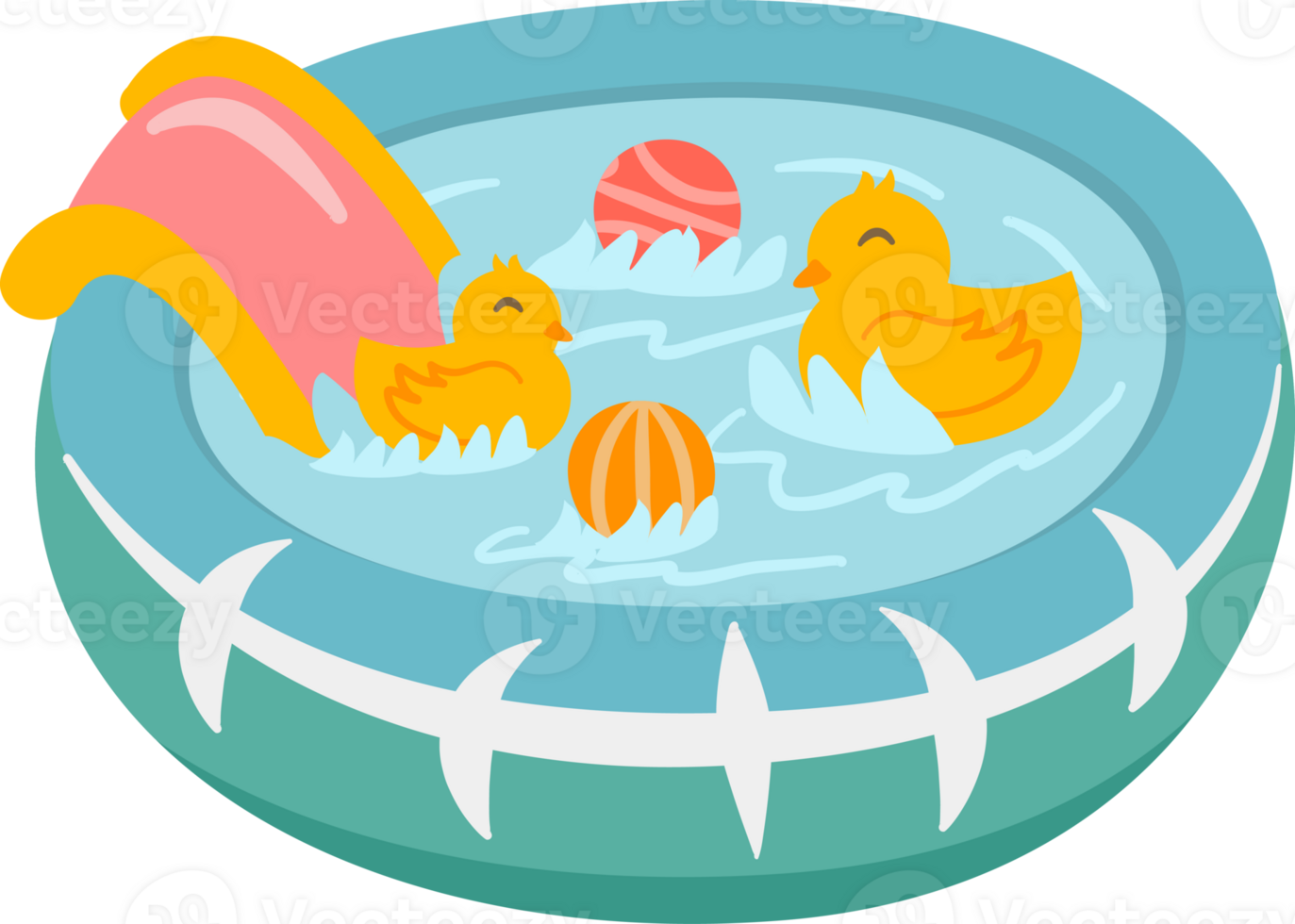 Rubber ring basin for water. There is a duck doll and a ball.elements png