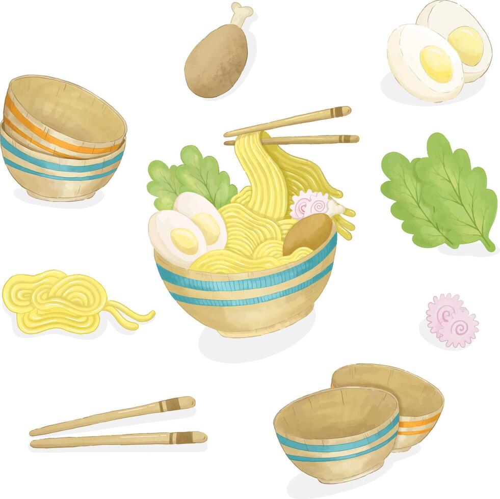 Watercolor of A Bowl of Noodles Illustration vector