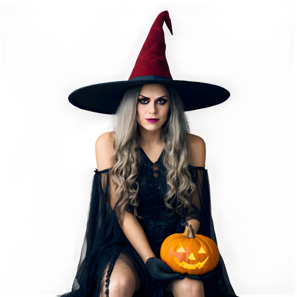 Witch halloween woman holds halloween pumpkin isolated on transparency background. png