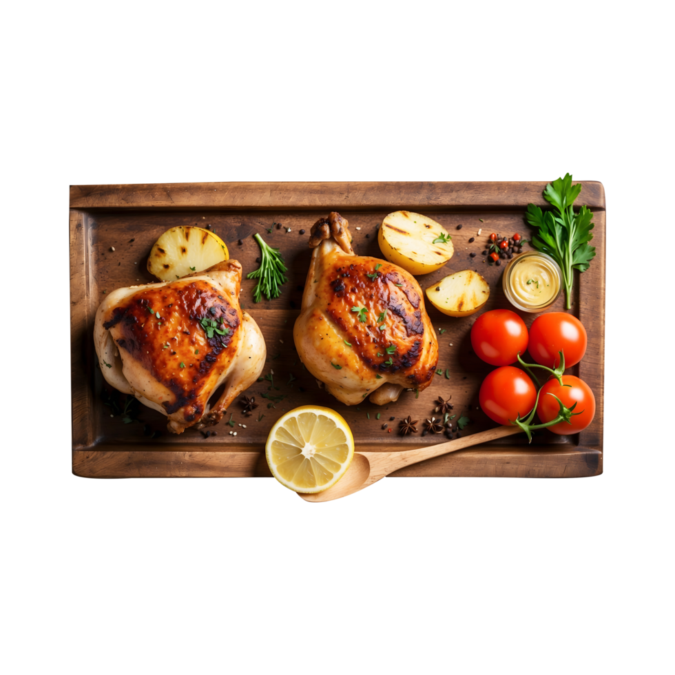 Grilled chicken or roasted bbq with spices potato and tomato on a wooden plate isolated on a transparent background png