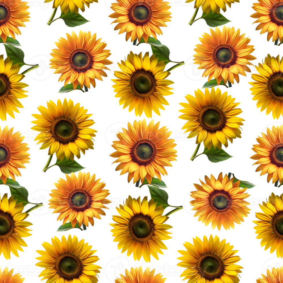 A seamless pattern of sunflowers with leaves for textile design. The image has a cheerful and bright mood png