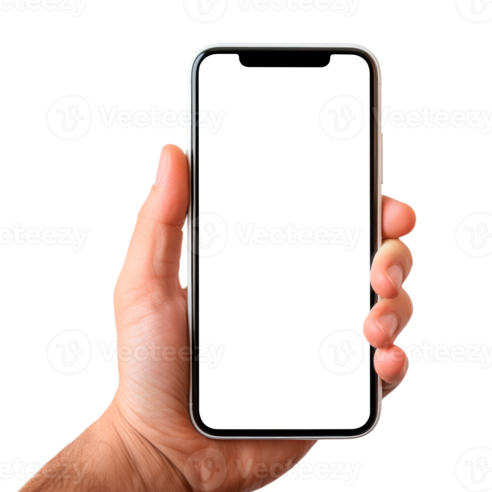 Hand halten Clever Telefon mit transparent Bildschirm isoliert auf transparent Hintergrund. Attrappe, Lehrmodell, Simulation Vorlage png