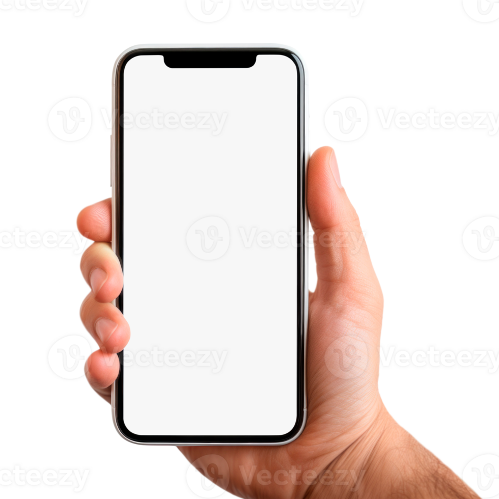 Hand holding smart phone with blank white screen isolated on transparent background. Mockup template png