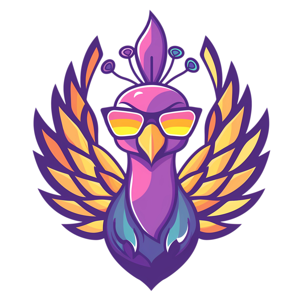 a purple peacock wearing sunglasses and a purple feather png