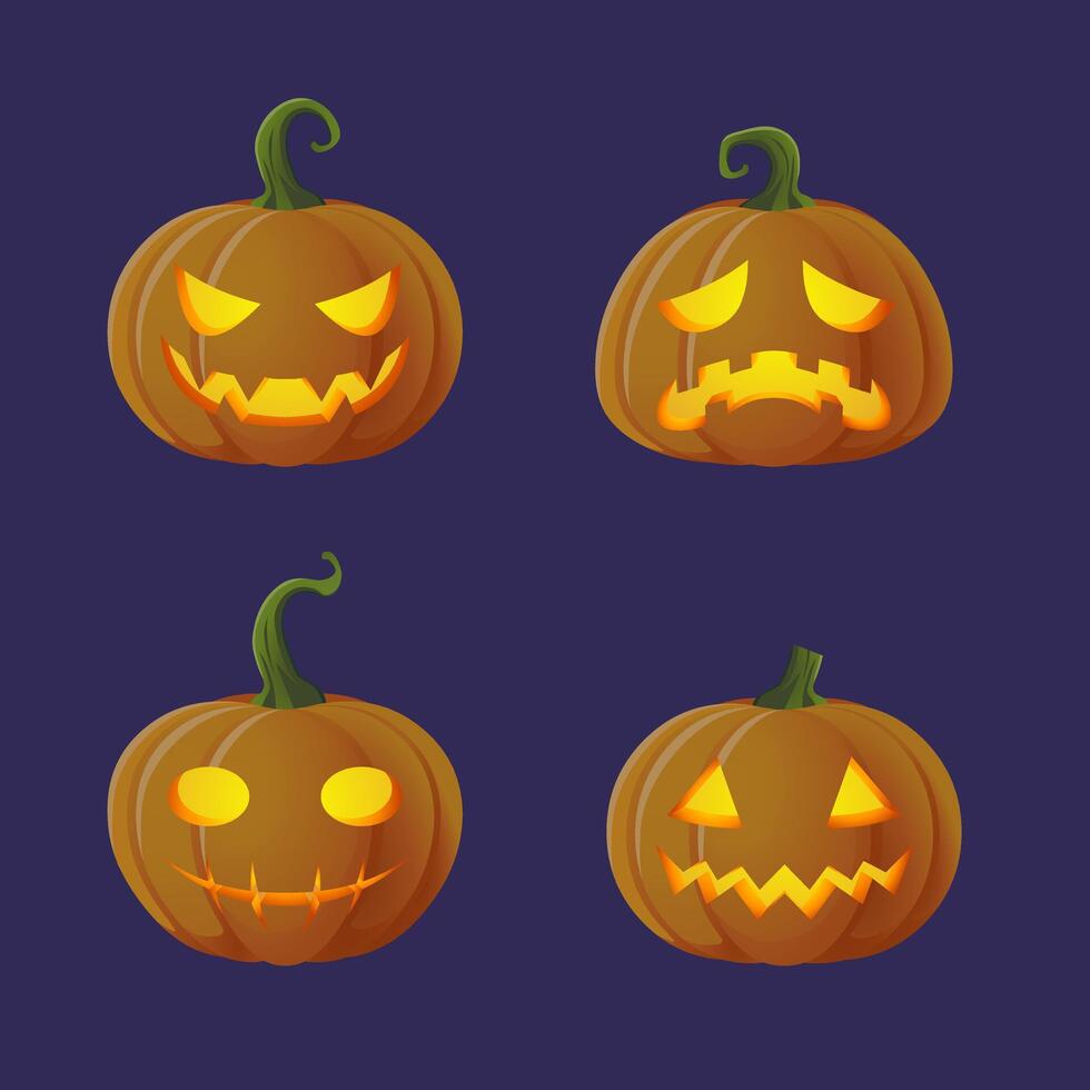 Happy Halloween day orange pumpkins lights on collection carving scary face expression in night version vector