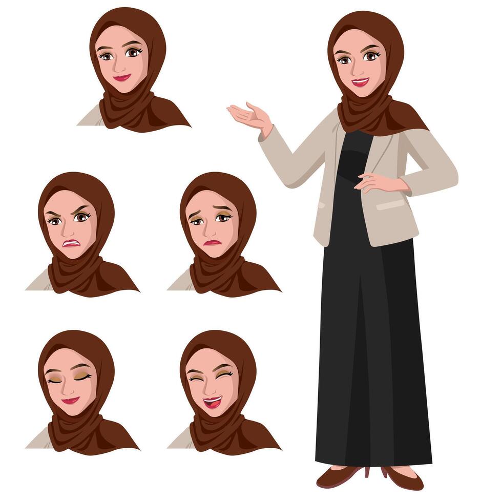 Beautiful Islam business woman in suit and wearing hijab standing greeting with set of face expression vector