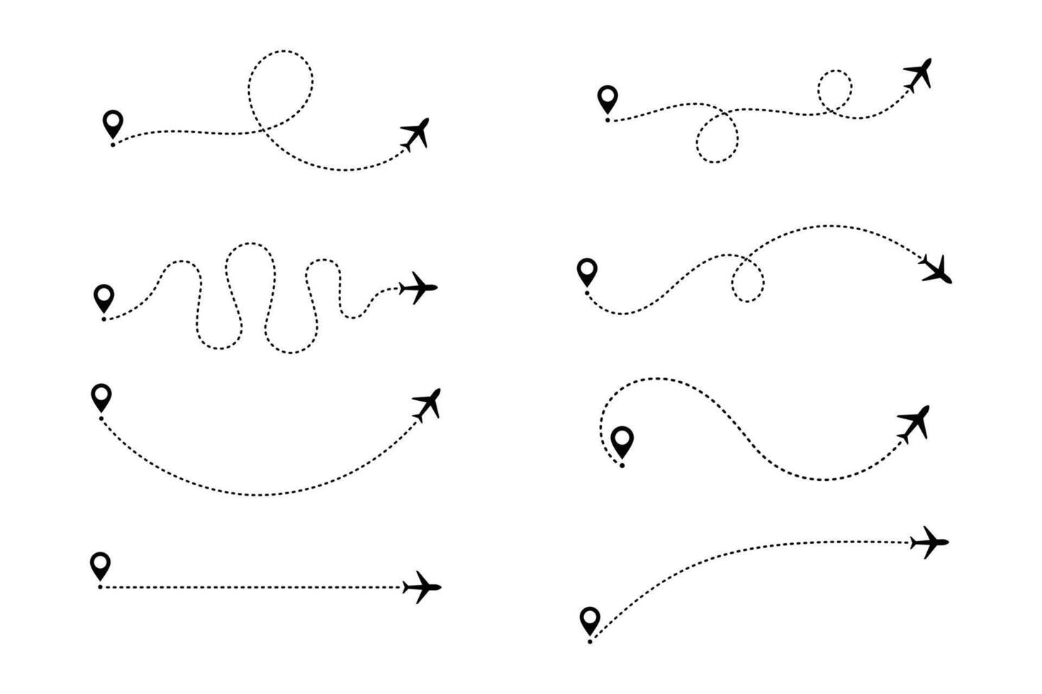 Airplane dotted route line set. Path travel line shapes. Flight route with start point and dash line trace for plane vector