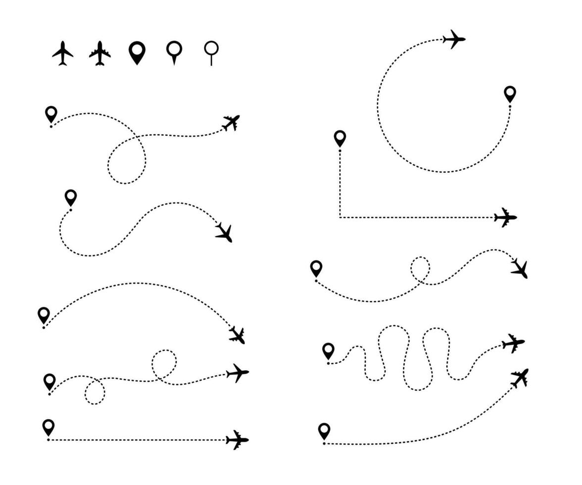 Airplane routes set. Plane paths. Aircraft tracking icon. Travel from start point and dotted line tracing. vector