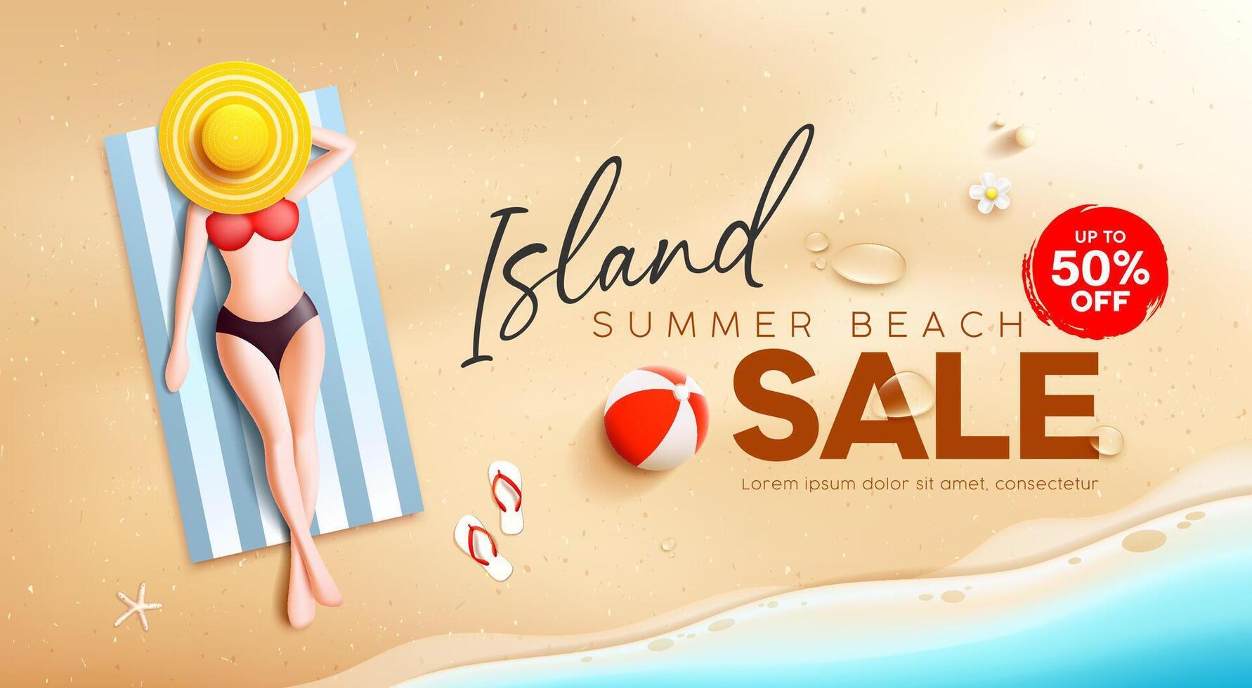 Woman sunbathing on sand beach, summer sale banner design background vector