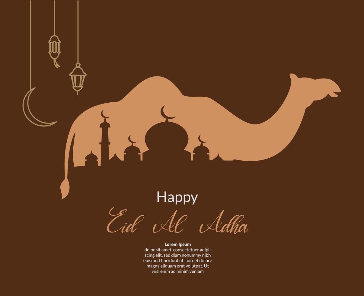 happy eid al adha greeting background with illustration of islamic camel and lantern vector
